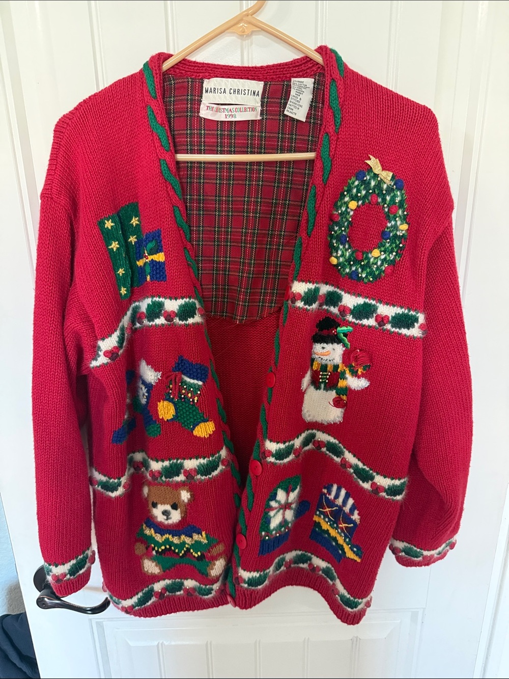 Marisa Christina Red Holiday Embroidered Cardigan with Green Accents